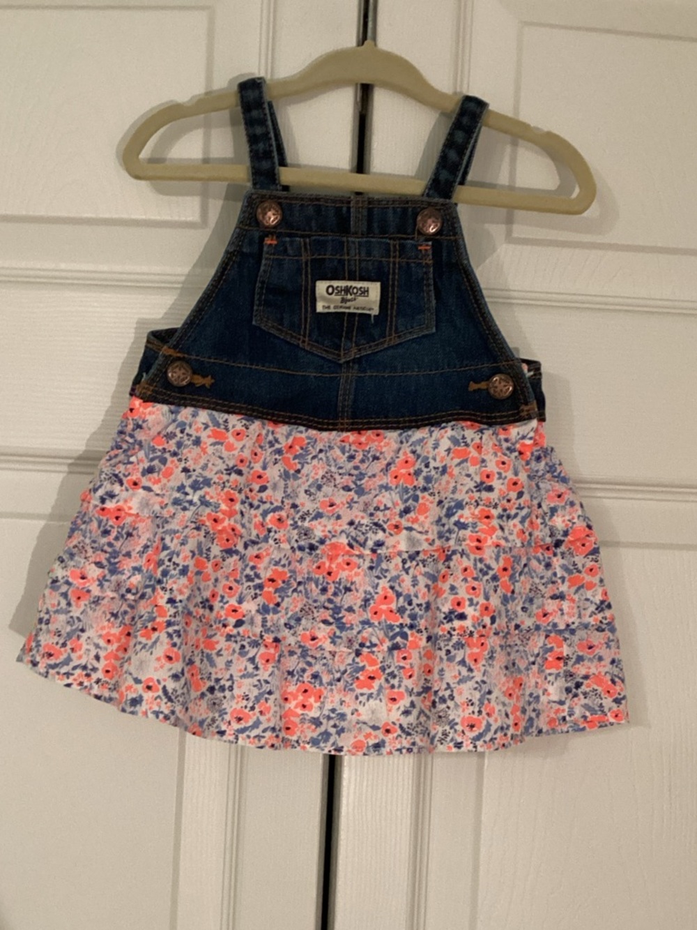 OshKosh B'gosh Denim Bib Skirt Overalls with Coral and Blue Floral Skirt 9 Month